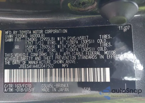 2008 Toyota Highlander z USA, uszkodzony, nr VIN JTEES41A482041502